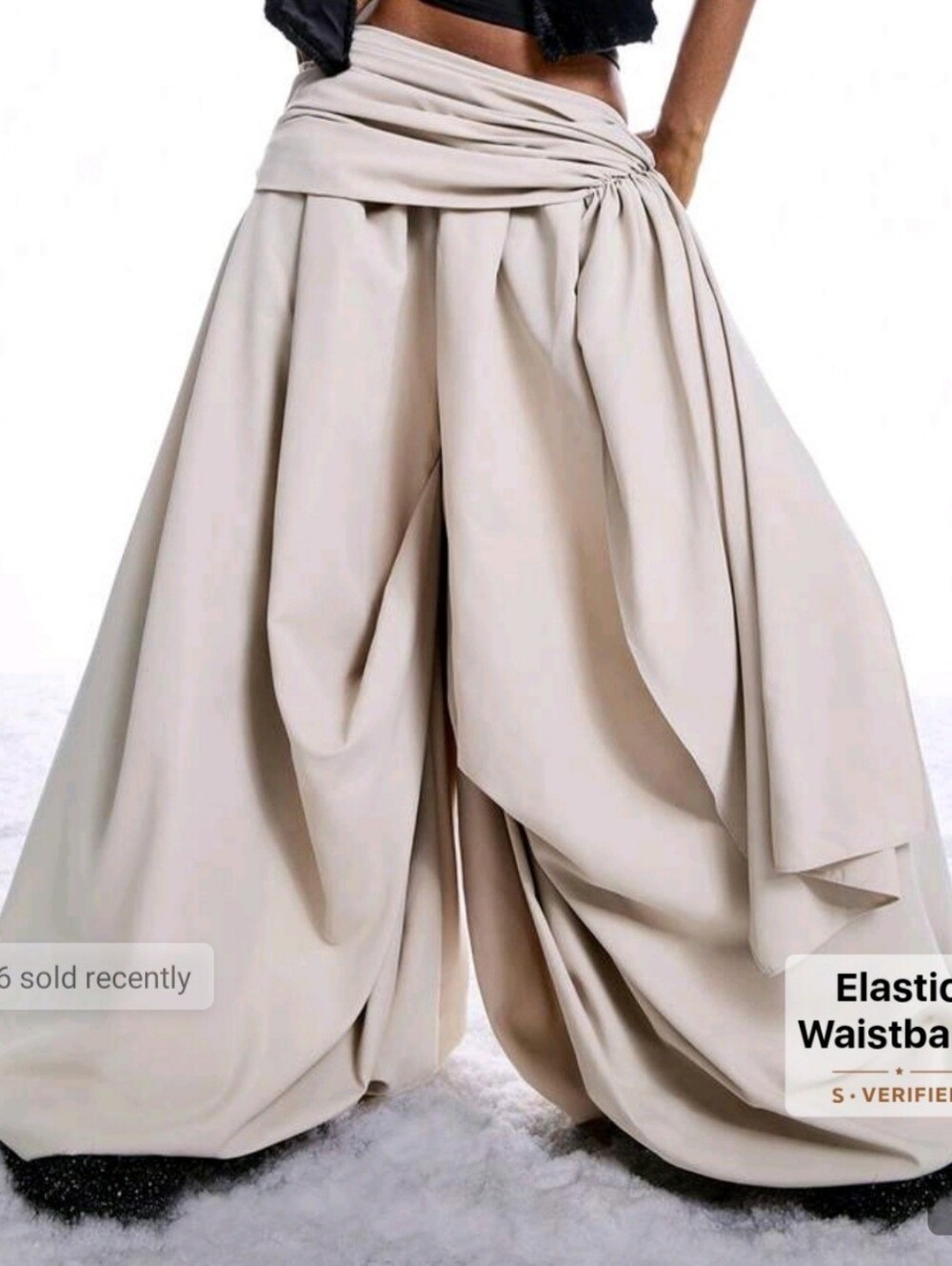 Draped Wide-Leg Elastic Waist Pants - Cream